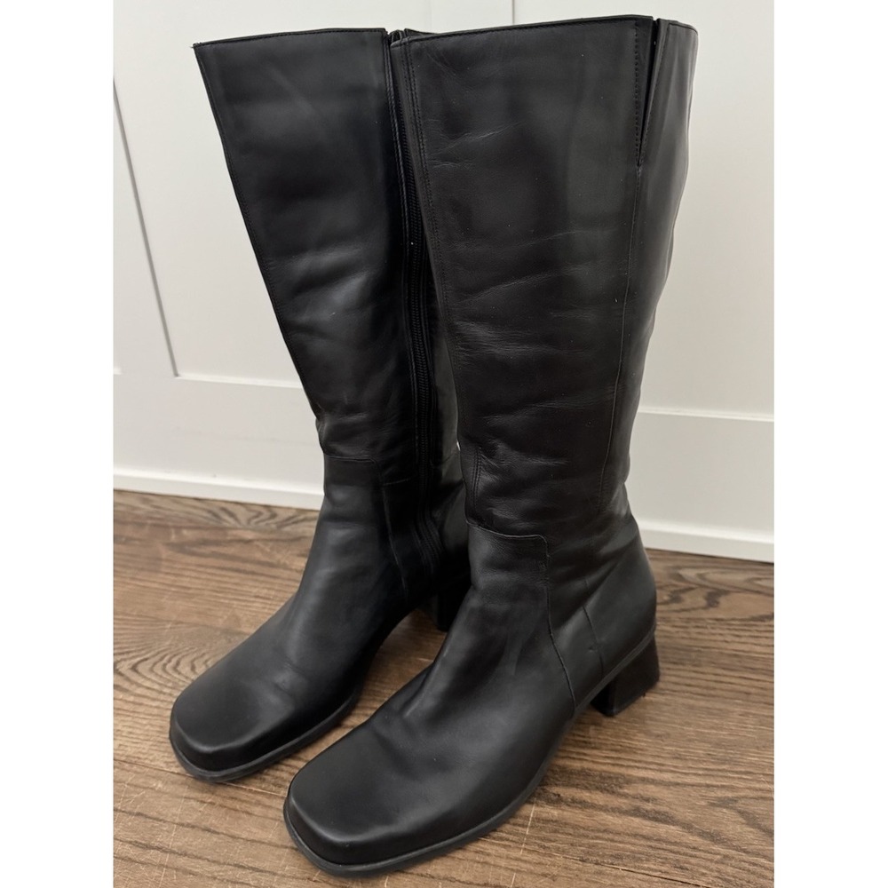 Naturalizer Tall Black Leather Boots Women's 8.5 Block Heel Side Zip Square Toe